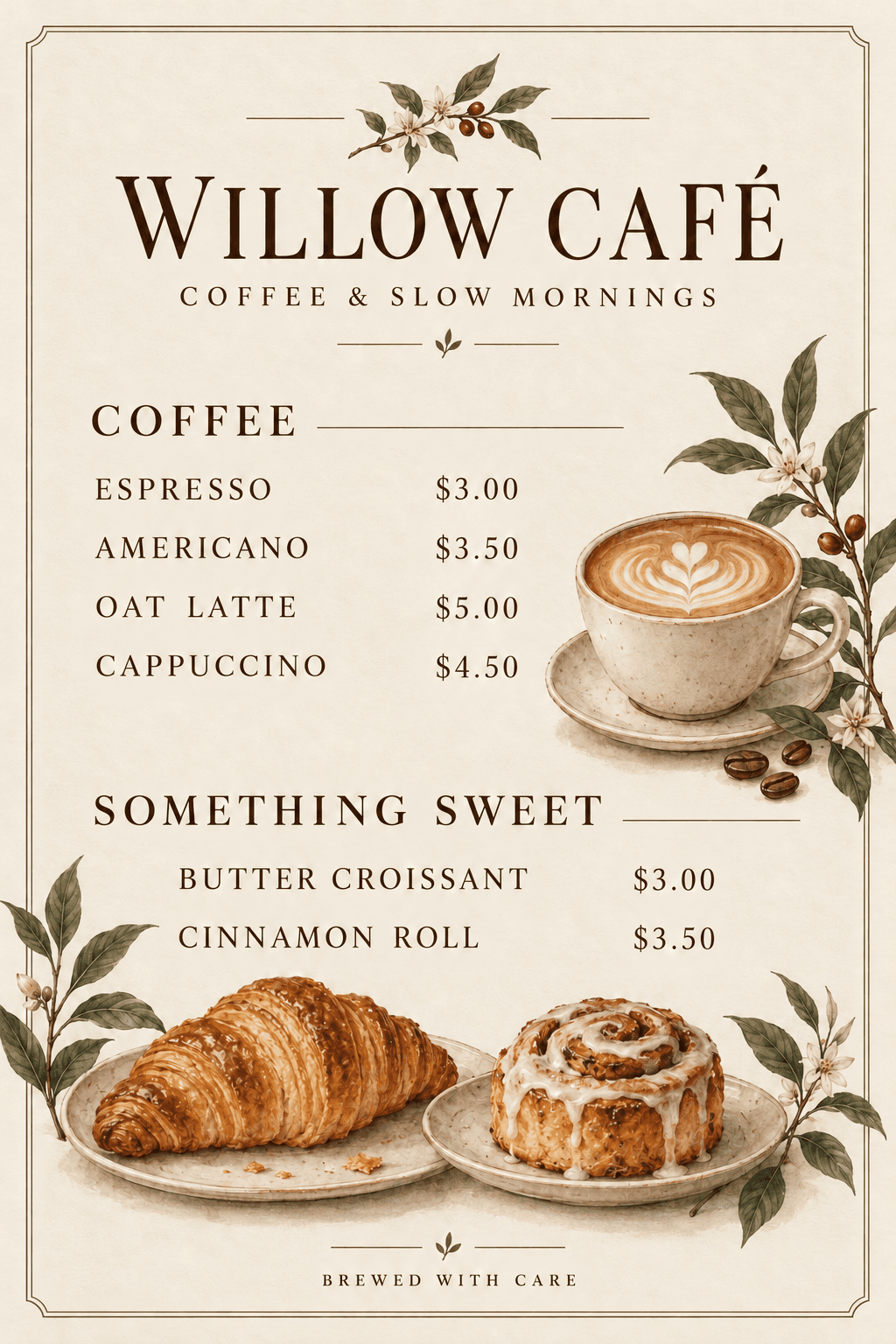 Willow Café menu with OAT LATTE updated to $5.00 and the other listed prices retained.
