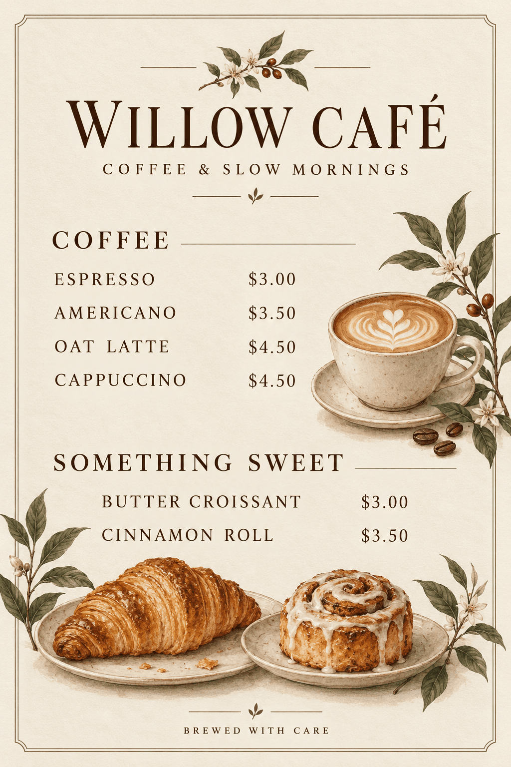 Willow Café coffee and pastry menu with OAT LATTE priced at $4.50.
