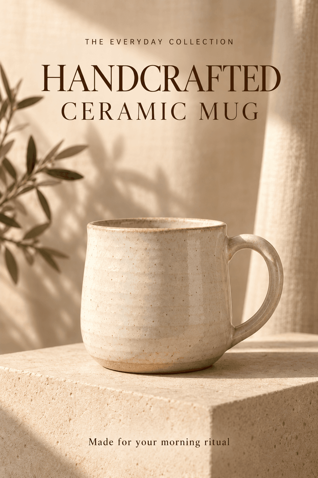 Ceramic mug product advertisement with its headline corrected to HANDCRAFTED.