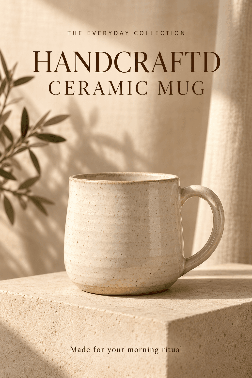 Ceramic mug product advertisement with an intentionally misspelled HANDCRAFTD headline.