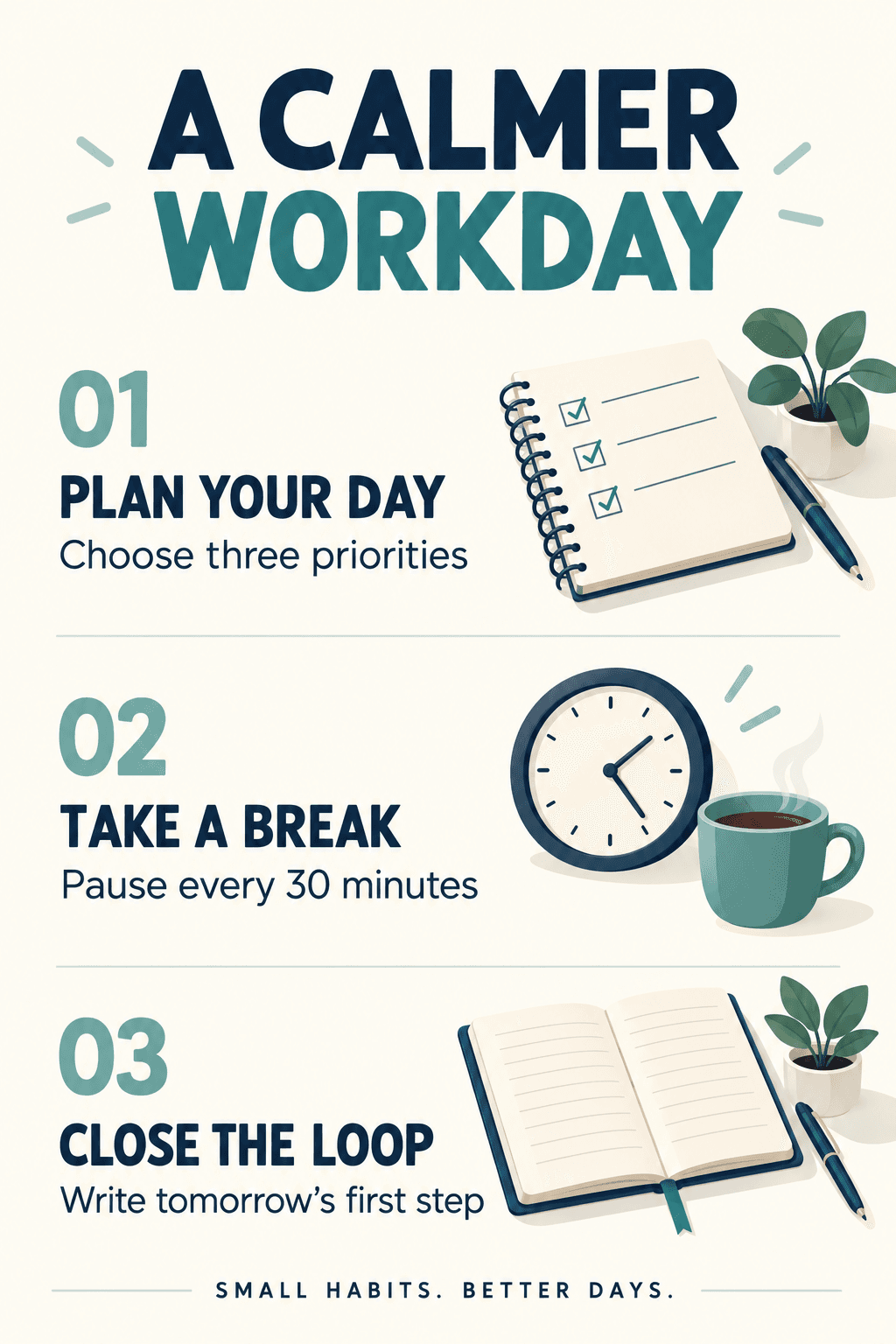 Three-step workday infographic with the instruction Pause every 30 minutes.